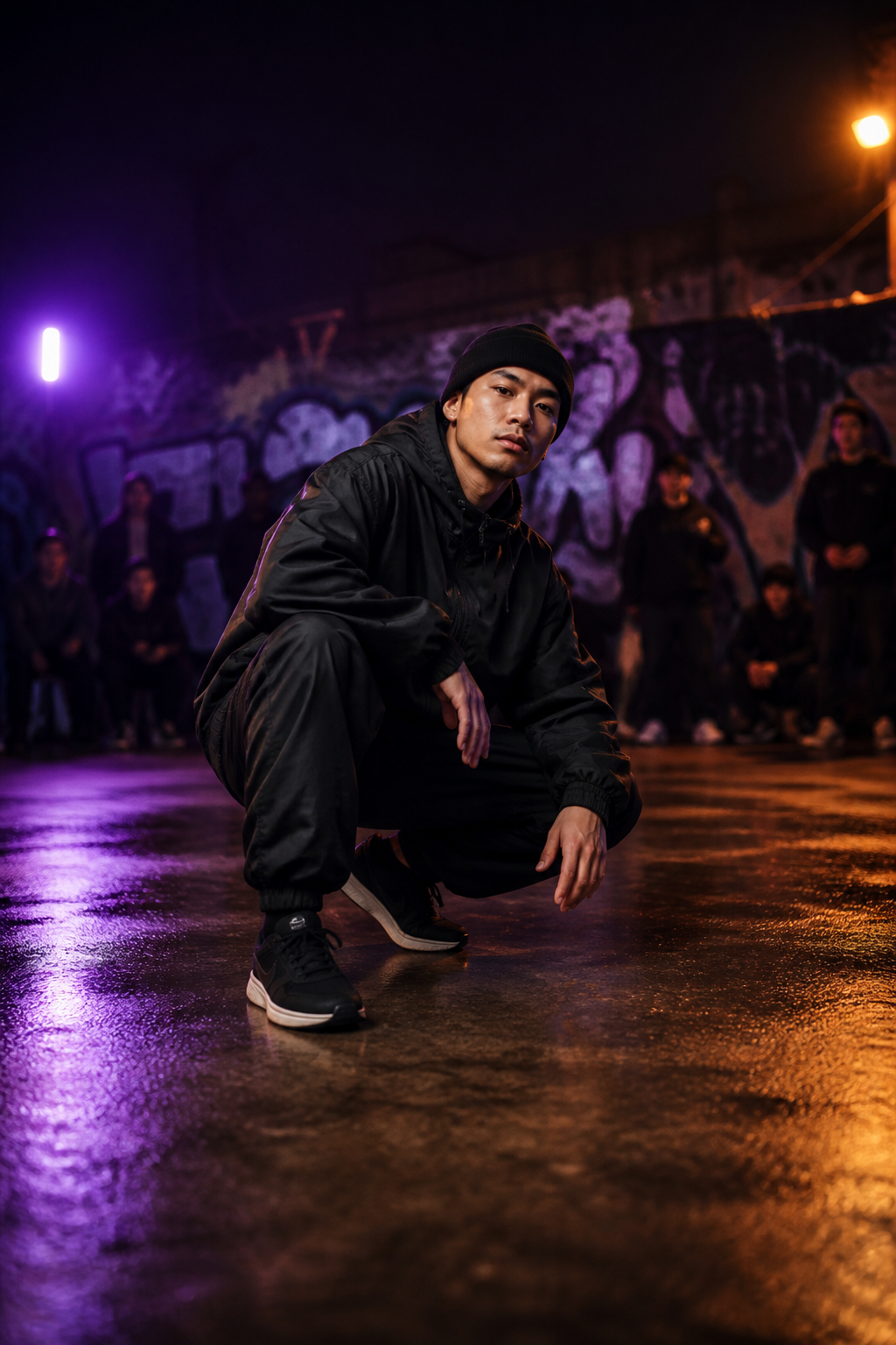 夜间街舞现场中，等待加入 Battle 的舞者